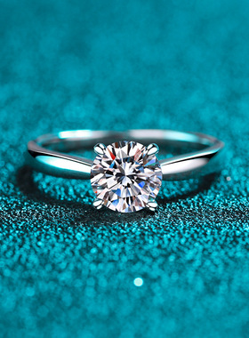 s925银镀18K金戒指女莫桑石轻奢小众饰品镀pt950铂金经典四爪节日