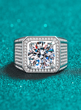 s925银镀18K金大男戒莫桑石霸气男戒指镀pt950铂金大气送男友礼物