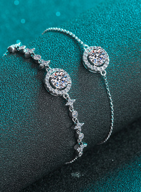 S925纯银镀18K金莫桑钻圆包手链女经典泡泡镀pt950铂金一克拉手环