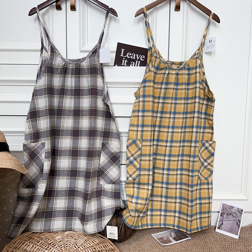 日单2025秋季新款纯棉格子围裙罩衣吊带背心女夏新款流行叠穿背心