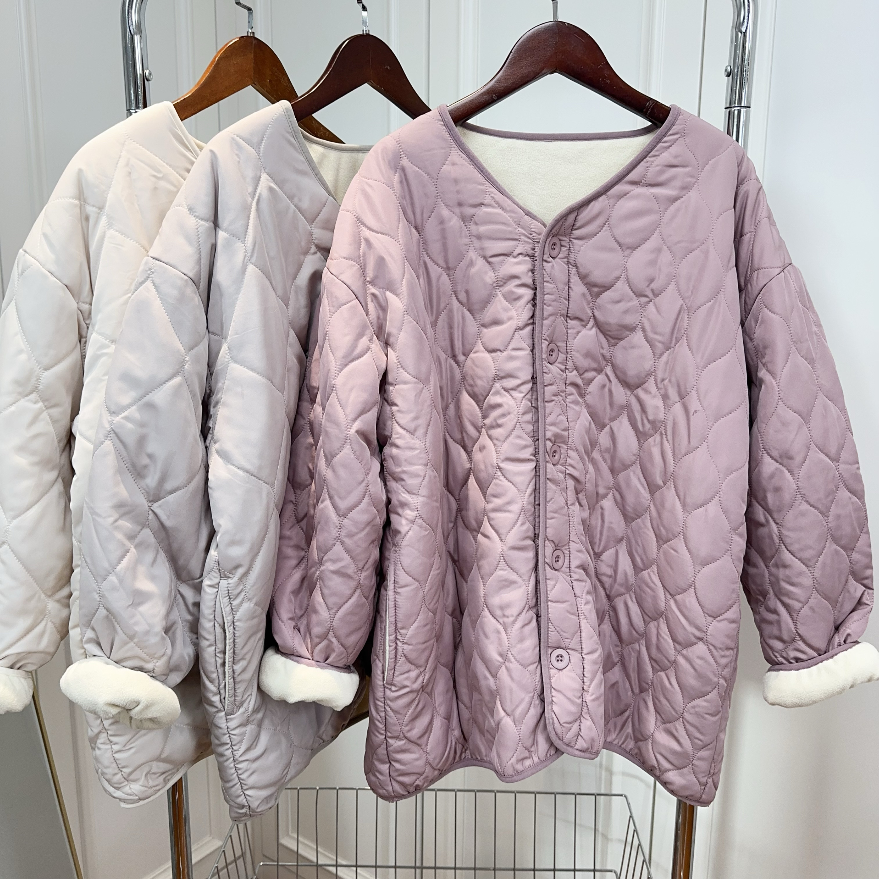 2024秋冬新款菱形格棉服女短款圆领宽松休闲百搭夹棉外套