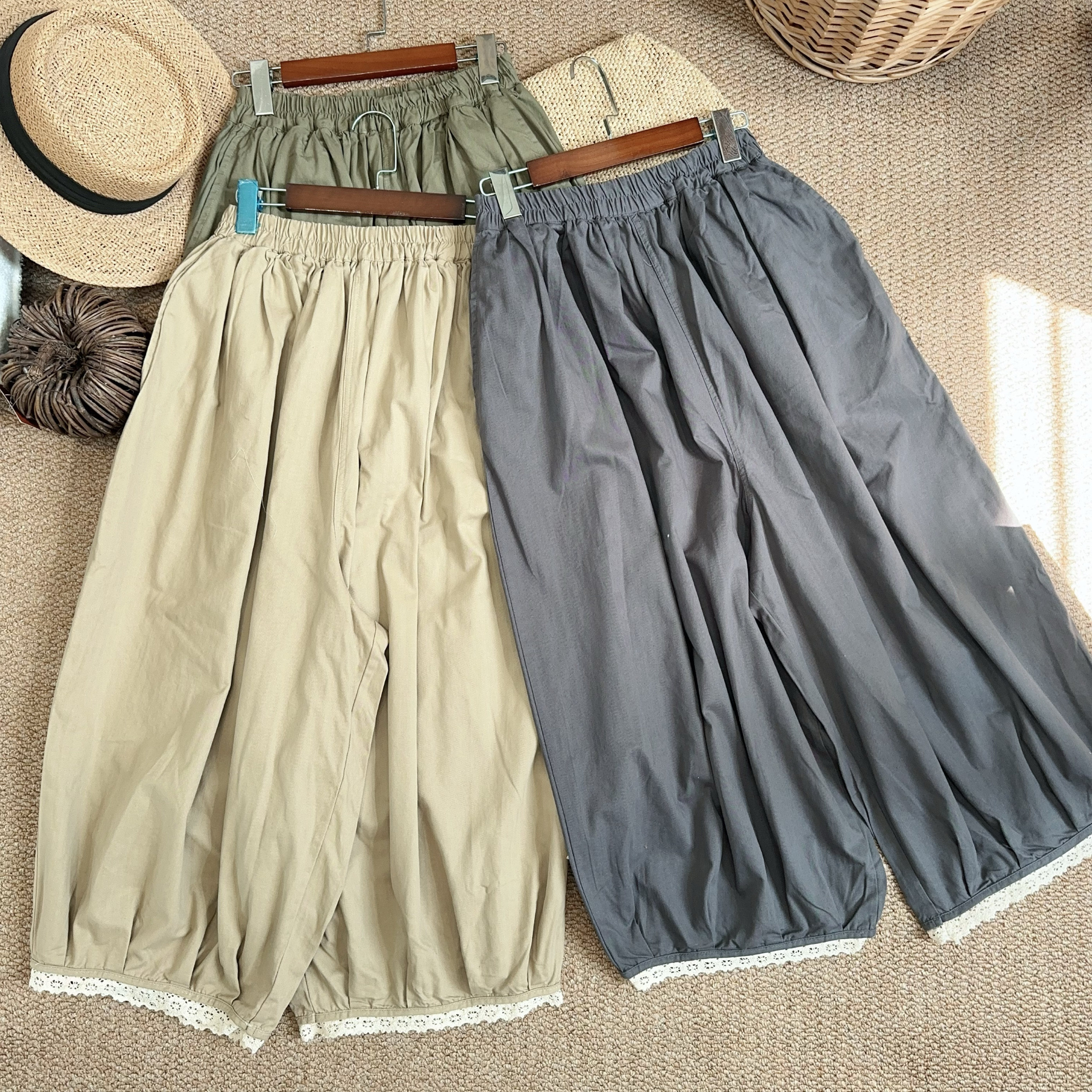 日单2025夏季女款纯棉灯笼裤休闲裤长裤松紧腰蕾丝花边休闲裤