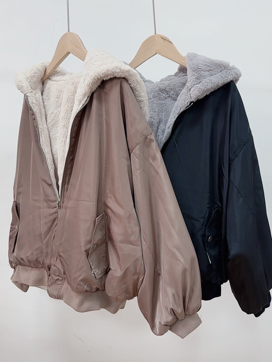 原单外贸日单冬季新款女士双面穿羊羔毛棉服外套宽松连帽棉衣上衣