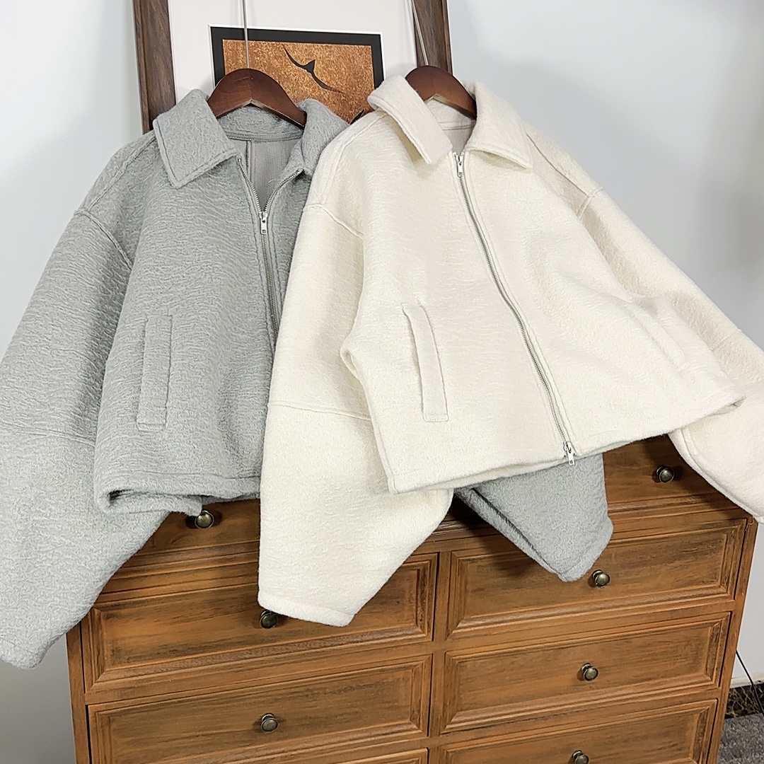 日单秋冬新款翻领毛呢宽松休闲上衣女短款小个子毛呢外套潮