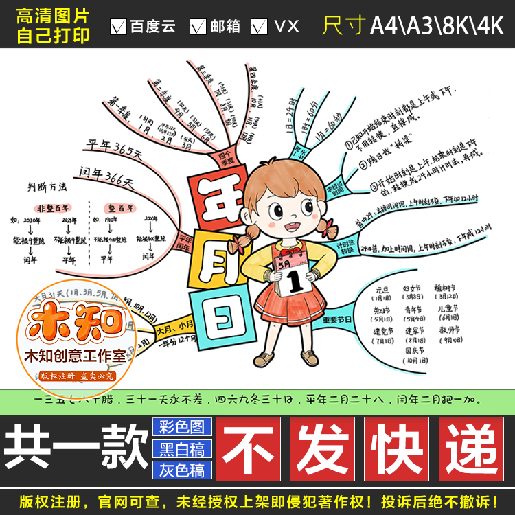 231女孩年月日思维导图手抄报电子模板学生三年级黑白涂色线稿FS