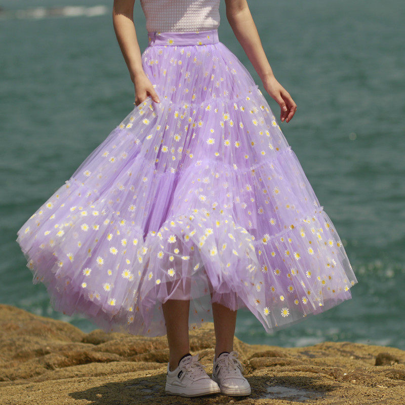 夏季新品大摆双层拼接小雏菊中长款高腰半身裙仙女超仙显瘦纱裙