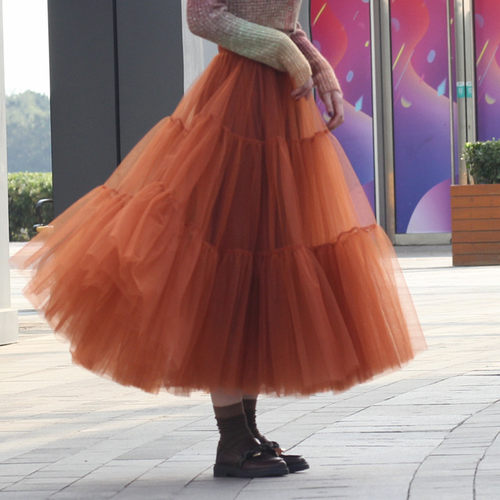 秋冬新款焦糖色美拉德色系半身裙重工纱裙3节塔裙自制高腰蓬蓬裙