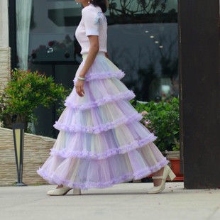 浅浅彩虹色亮片蛋糕裙长裙高端进口高价感网纱裙超火高腰半身裙