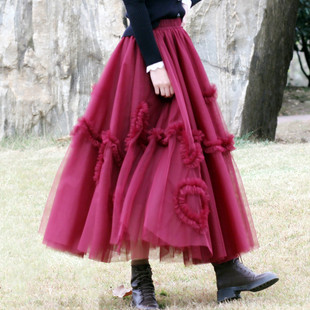 米兰进口网纱心电图花边3层大摆伞裙秋冬新款安可拉红纱裙