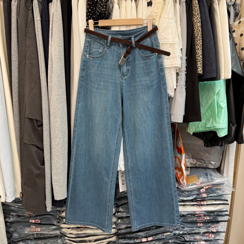 韩系松弛感柔软通勤阔腿牛仔裤女26春款百搭宽松直筒拖地长裤5005