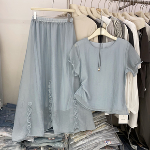 夏新款纯色木耳边圆领短袖衬衫+高腰半身裙两件套设计感套装50703