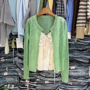 气质上衣两件套女821 小清新绿色针织开衫 法式 温柔风碎花吊带背心