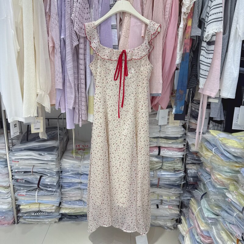 26夏款碎花雪纺荷叶边连衣裙女可一字领露肩性感收腰显瘦长裙6911