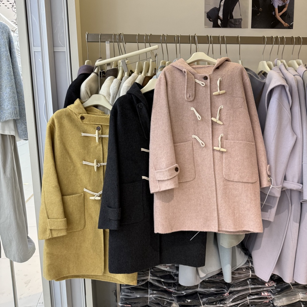 韩系洋气减龄双面羊绒牛角扣中长款大衣气质宽松百搭连帽外套8158