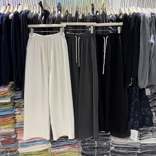 2526 垂感百搭高腰显瘦直筒裤 韩系简约松紧腰糯米裤 宽松抽绳休闲裤