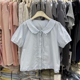 温柔风甜美减龄娃娃领衬衣女26夏季款显瘦泡泡短袖木耳边上衣9021