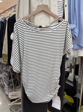 不规则斜肩挂脖串珠条纹短袖T恤女夏季宽松蝙蝠袖打底衫上衣3399