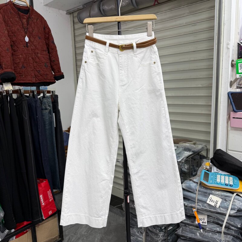 四面弹白色牛仔裤女26小个子宽松直筒九分裤显瘦百搭阔腿裤16568