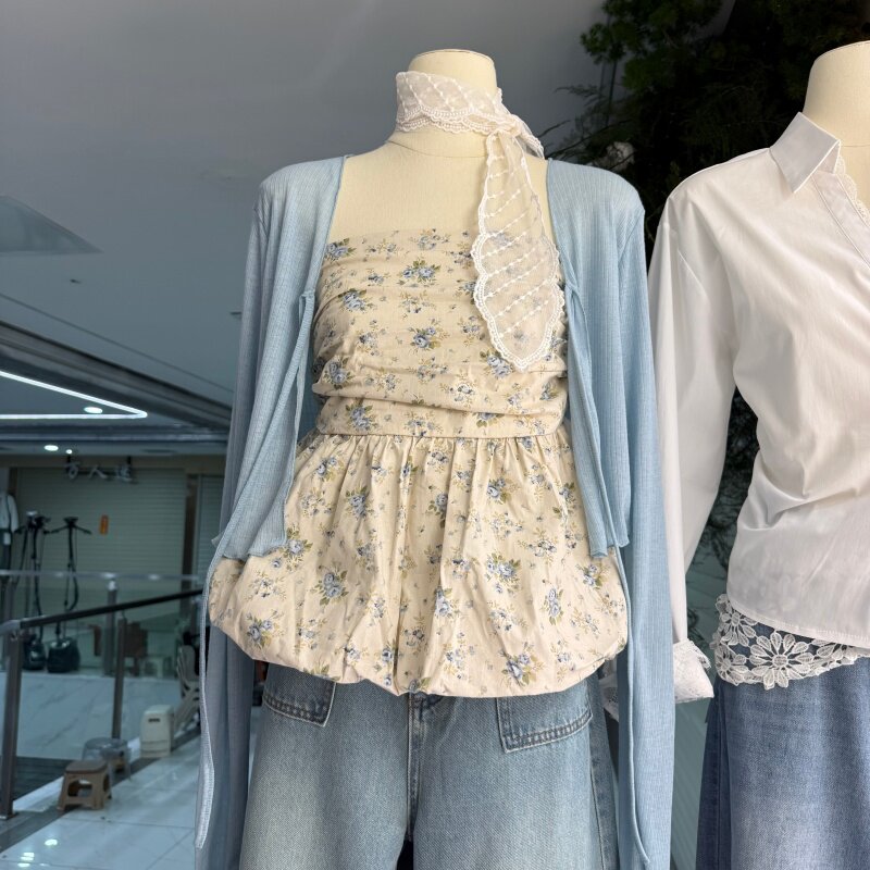 性感法式碎花褶皱花苞抹胸背心+蓝色开衫两件套上衣女绝美小衫252