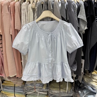 温柔风法式精致短袖衬衫女26甜美气质设计感泡泡袖圆领短上衣9102