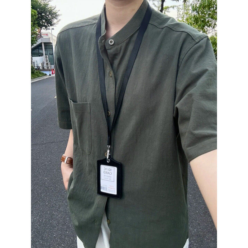 竹节棉褶皱肌理立领短袖衬衫男款夏季轻熟风高级感新中式白色衬衣