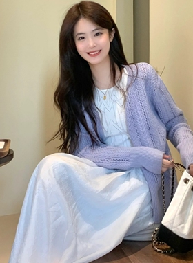 紫色镂空毛衣薄款外套女新款春夏温柔风开衫气质马海毛针织衫上衣