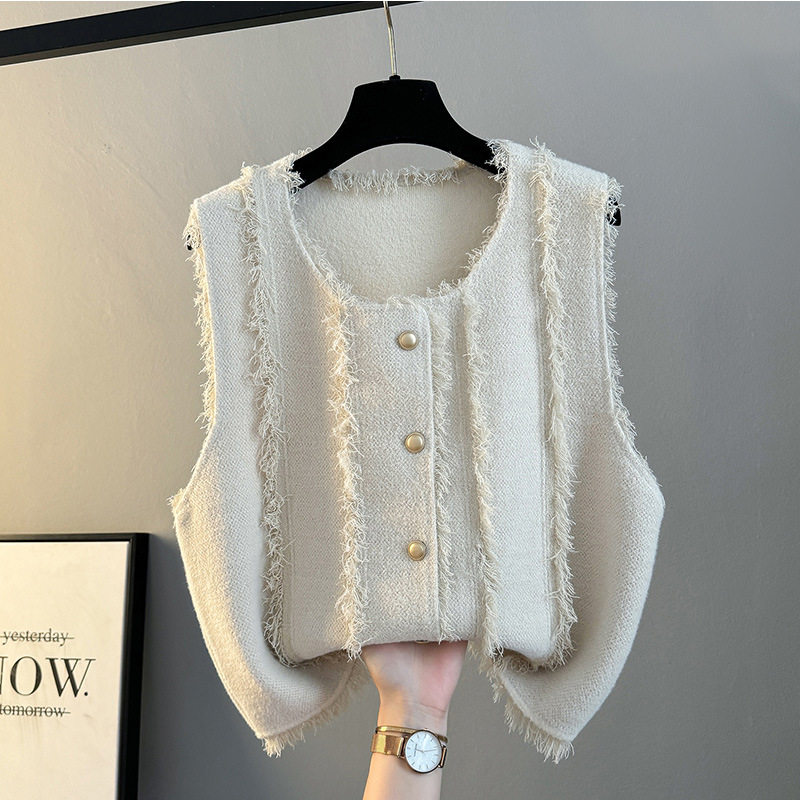 流苏小香风马甲女秋冬新款韩版针织背心宽松洋气外穿短款马夹上衣