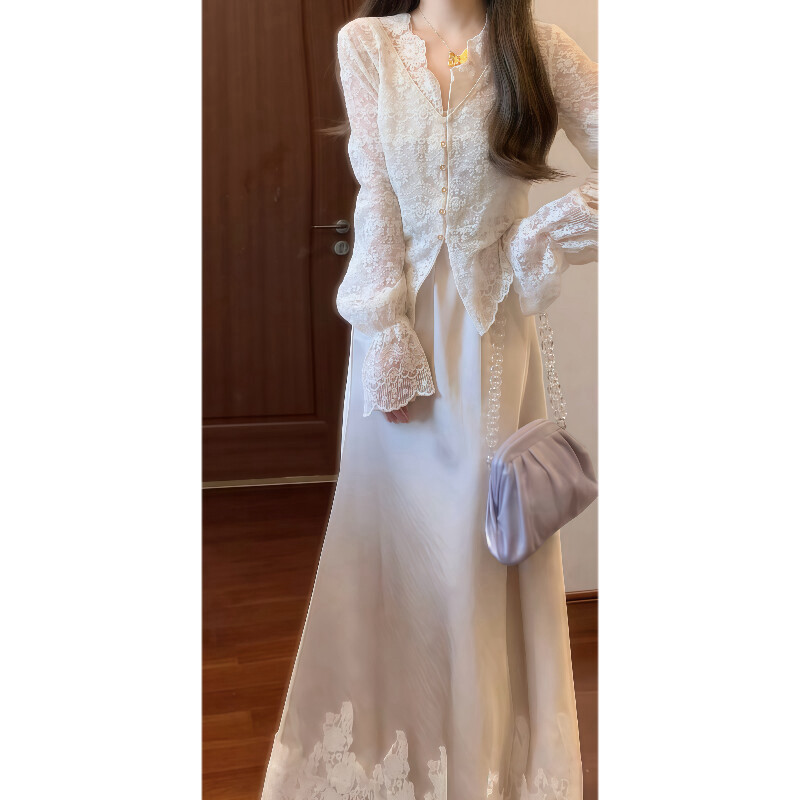 实拍 春夏季高级设计感轻奢蕾丝衫上衣&缎面蕾丝花边半身长裙套装