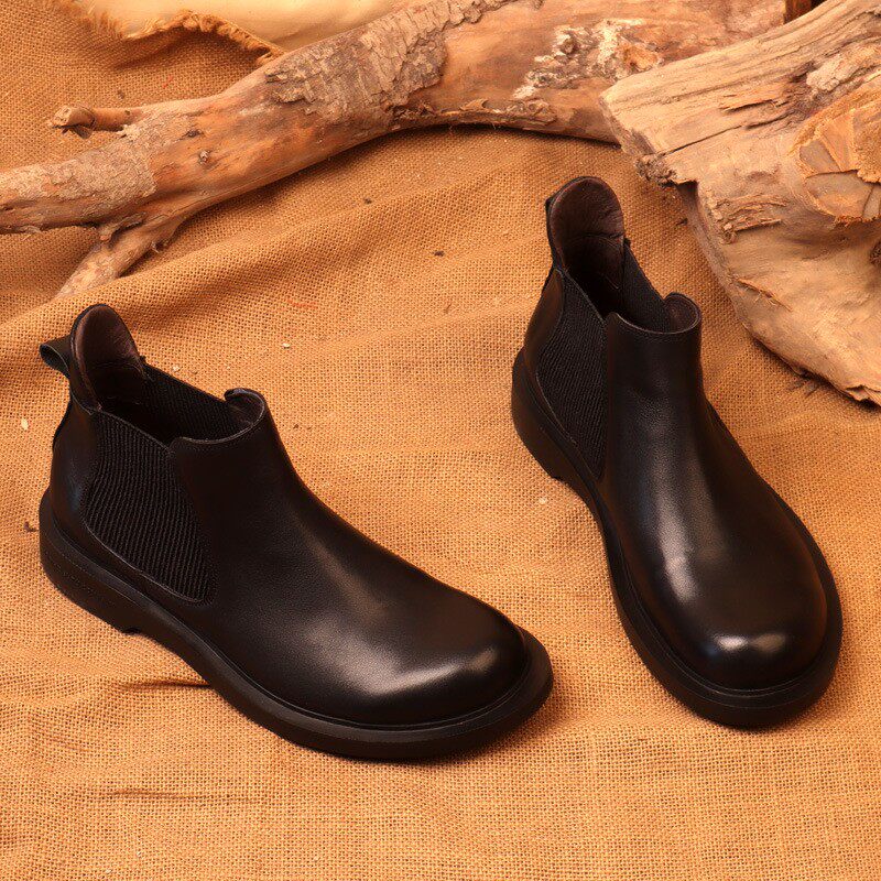 EUROPEAN HANDMADE LEATHER CHELSEA BOOTS COWHIDE SLIP FEET ROUND TOE PLATFORM SOLES 36-47 PLUS SIZE SOFT LEATHER MENS SHOES