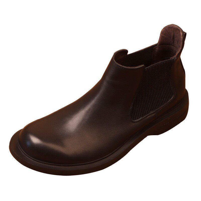EUROPEAN HANDMADE LEATHER CHELSEA BOOTS COWHIDE SLIP FEET ROUND TOE PLATFORM SOLES 36-47 PLUS SIZE SOFT LEATHER MENS SHOES