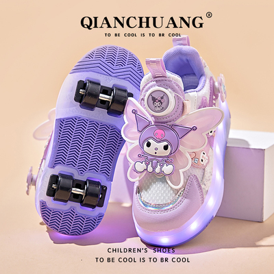 天使库洛米四轮暴走鞋女童网面运动鞋儿童溜冰鞋亮灯仙女公主鞋子