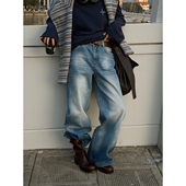 系列松弛帅感慵懒风洗水蓝直筒宽松牛仔裤 经典 复古滤镜 MOERSHOP
