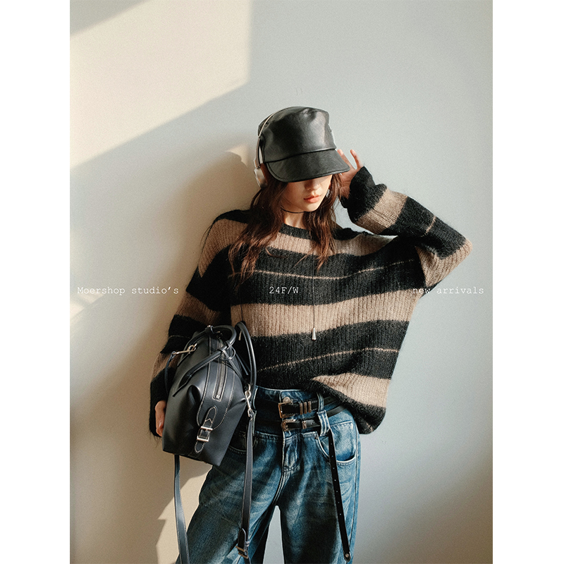 MOERSHOP 线条多巴胺 圆领落肩撞色条纹马海毛羊毛毛衣针织衫冬季
