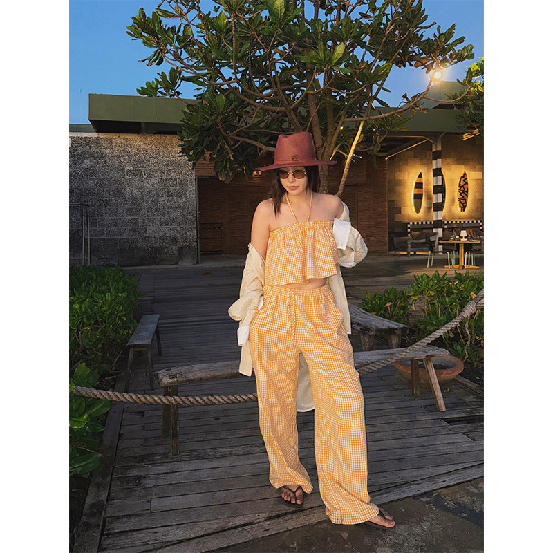 MOERSHOP松弛夏日三件组定织美学小橘格抹胸吊带长裤短裤三件套女,女装/女士精品,时尚套装,淘宝优惠券,粉丝福利购,淘宝优惠卷