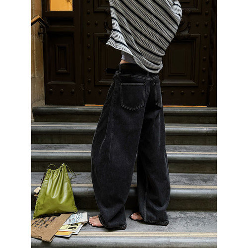 MOERSHOP  “弯刀再升级”深灰炒盐立体复古宽松阔腿弯刀牛仔裤