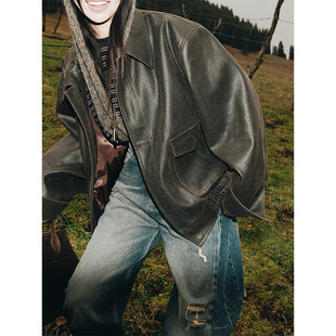 MOERSHOP“彼得老爹派”旧感马鞍色环保皮夹克复古机车宽松外套女