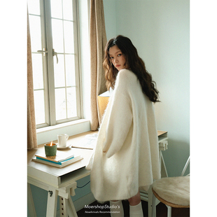 白色长款 女冬季 毛衣外套 糯米糍慵懒风马海毛针织开衫 MOERSHOP冬季