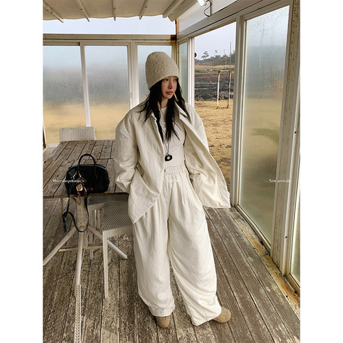Moershop 精简保暖 简约棉衬衫阔腿裤套装女冬季加厚高级感套装
