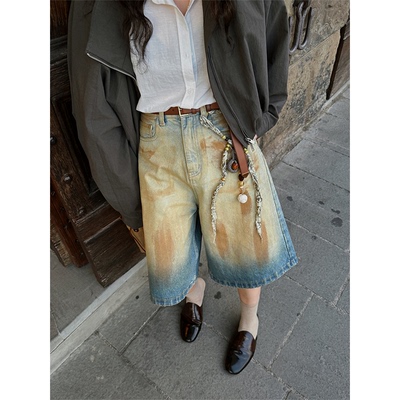 MOERSHOP 重工丹宁 粉刷匠艺术派牛仔中裤复古水洗阔腿裤五分短裤