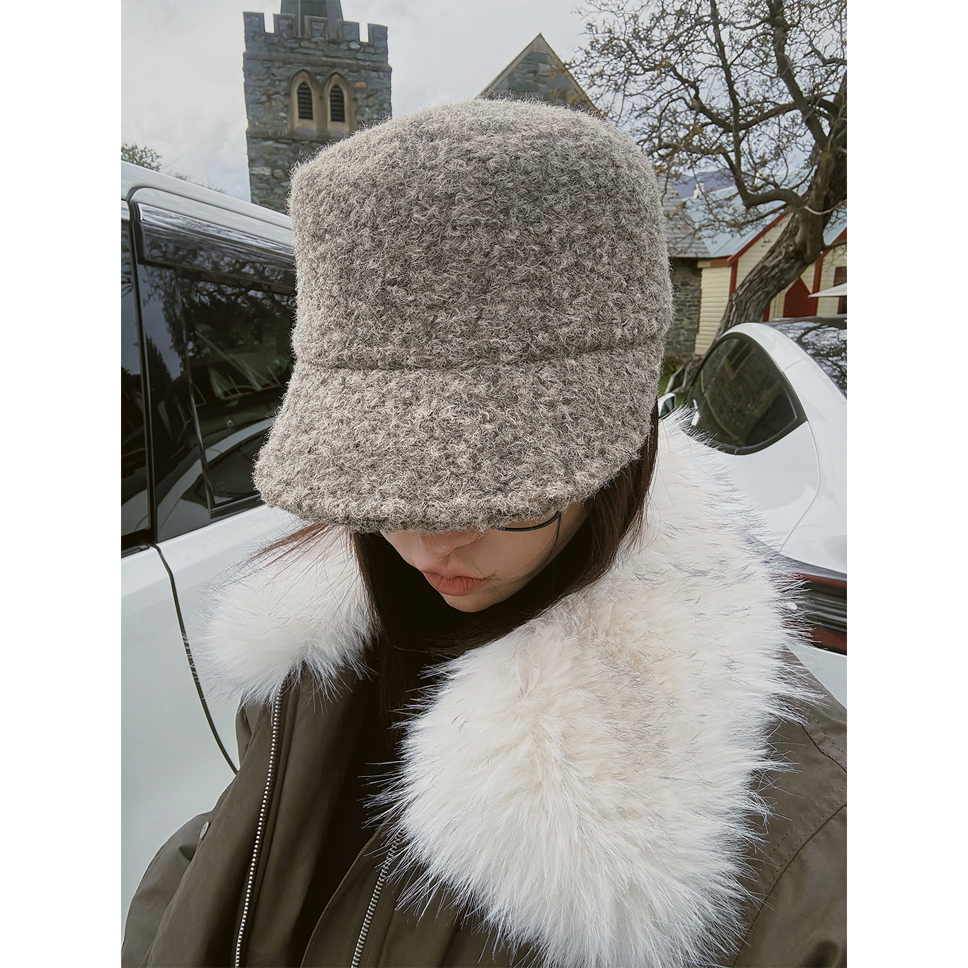 MOERSHOP 优雅精速成 配饰系列时髦粗粒感宽帽檐羊毛帽复古帽子