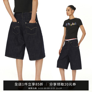 子 低腰休闲阔腿裤 SMIIILE复古100%精梳棉丹宁原牛五分牛仔裤 短裤