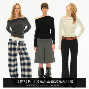 上衣气质 显瘦打底衫 SMIIILE一字领斜肩露肩堆叠羊毛针织衫 春修身