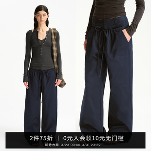 宽松显瘦 直筒休闲裤 SMIIILE双腰头藏蓝色纯棉低腰阔腿裤 女秋新款