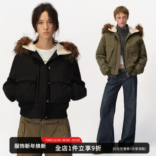 SMIIILE复古毛领连帽棉衣棉服女短款 夹克外套 冬加厚保暖夹棉工装