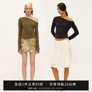 显瘦打底衫 春修身 斜肩上衣短款 SMIIILE莱赛尔天丝露肩T恤女喇叭袖