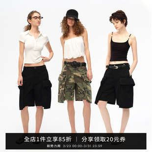 廓形宽松显瘦纯棉五分中裤 SMIIILE原创重工立体大口袋迷彩工装 裤