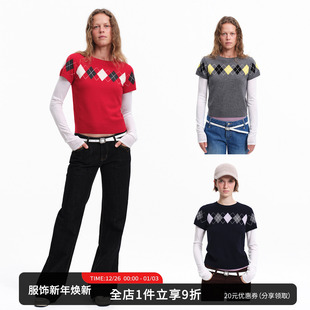 毛衣内搭上衣 显瘦2026春季 SMIIILE菱格纹假两件羊毛针织衫 女修身