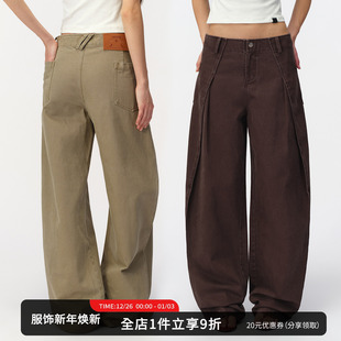 SMIIILE复古做旧水洗阔腿裤 子 中低腰秋冬宽松显瘦打褶弯刀休闲裤