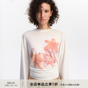 上衣白色t恤女 SMIIILE涼感萊賽爾天絲輕薄花朵印花圓領寬松長袖