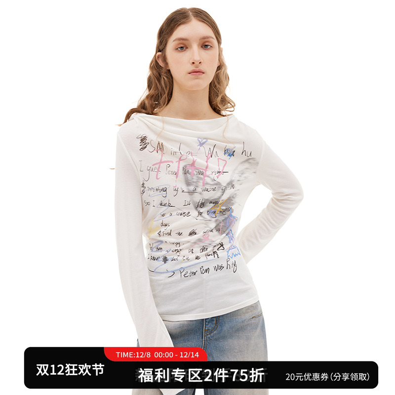 SMIIILE字母印花荡领长袖上衣